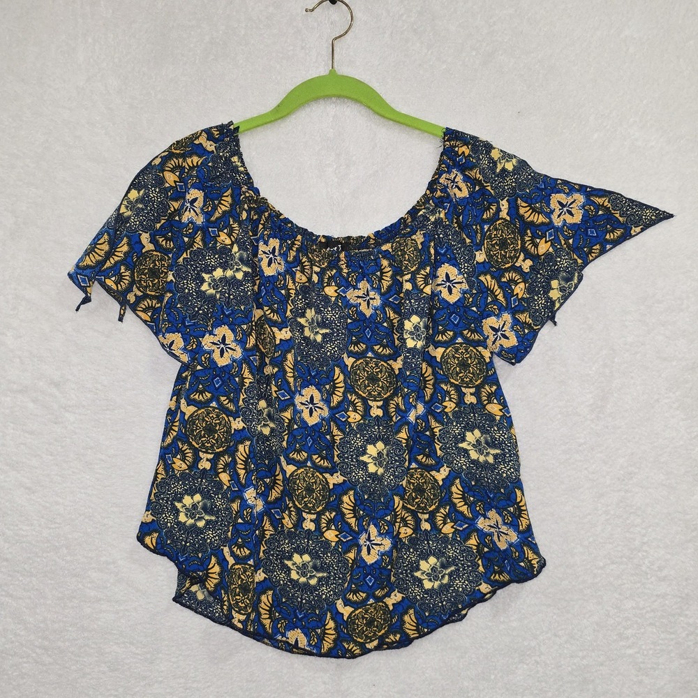 Love J Top Women's Large‎ Off-The-Shoulder Top Blue/Yellow Floral Stretch Blouse